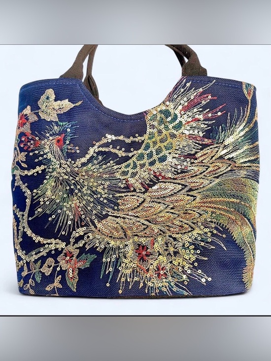 Source Unknown Handbags - Source Unknown Navy Embroidered Sequin Phoenix Tote